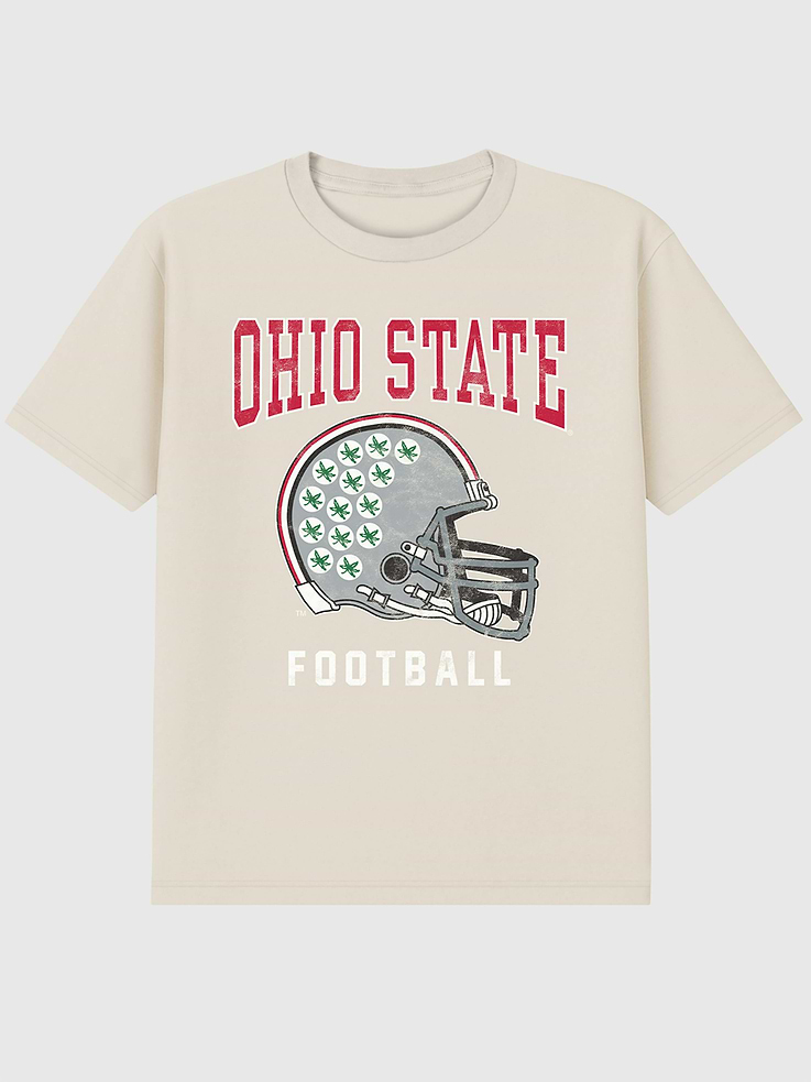 Image 1 of 4, 6oz Heavyweight T-shirt., Relaxed, contemporary fit., Hits at the hip., Crewneck., Short sleeves., Officially licensed The Ohio State University Football Helmet graphic at the front. Trevco partners with Gap on DTC licensed merch from the coolest brands, TV shows, and movies. Trusted by more than 1, 200 brands worldwide and 600+ American colleges & universities, Trevco is a premier provider of officially licensed apparel., This item is printed on demand.