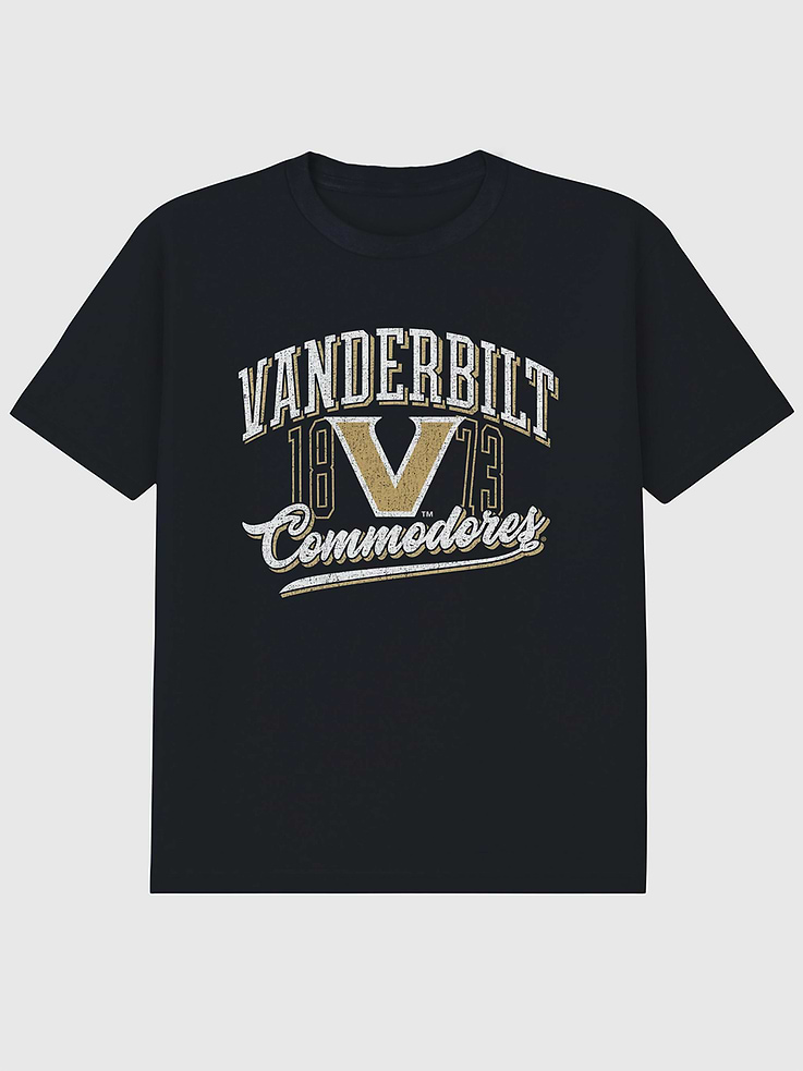 Image 1 of 4, 6oz Heavyweight T-shirt., Relaxed, contemporary fit., Hits at the hip., Crewneck., Short sleeves., Officially licensed Vanderbilt University Classic Vintage Script Emblem graphic at the front. Trevco partners with Gap on DTC licensed merch from the coolest brands, TV shows, and movies. Trusted by more than 1, 200 brands worldwide and 600+ American colleges & universities, Trevco is a premier provider of officially licensed apparel., This item is printed on demand.
