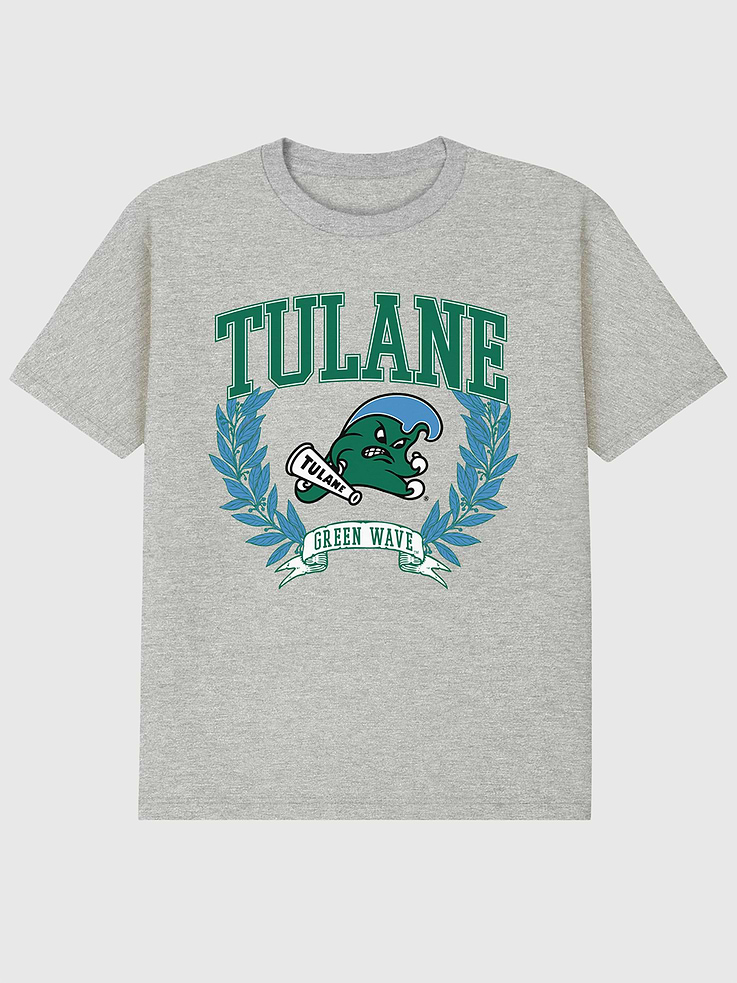 Image 1 of 4, 6oz Heavyweight T-shirt., Relaxed, contemporary fit., Hits at the hip., Crewneck., Short sleeves., Officially licensed Tulane University Laurels Dark graphic at the front. Trevco partners with Gap on DTC licensed merch from the coolest brands, TV shows, and movies. Trusted by more than 1, 200 brands worldwide and 600+ American colleges & universities, Trevco is a premier provider of officially licensed apparel., This item is printed on demand.