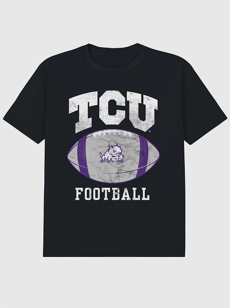 Image 1 of 4, 6oz Heavyweight T-shirt., Relaxed, contemporary fit., Hits at the hip., Crewneck., Short sleeves., Officially licensed Texas Christian University Football Ball graphic at the front. Trevco partners with Gap on DTC licensed merch from the coolest brands, TV shows, and movies. Trusted by more than 1, 200 brands worldwide and 600+ American colleges & universities, Trevco is a premier provider of officially licensed apparel., This item is printed on demand.