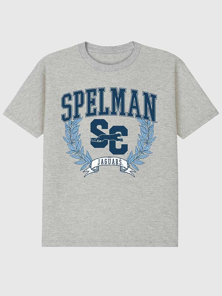 Image 1 of 4, 6oz Heavyweight T-shirt., Relaxed, contemporary fit., Hits at the hip., Crewneck., Short sleeves., Officially licensed Spelman College Laurels Dark graphic at the front. Trevco partners with Gap on DTC licensed merch from the coolest brands, TV shows, and movies. Trusted by more than 1, 200 brands worldwide and 600+ American colleges & universities, Trevco is a premier provider of officially licensed apparel., This item is printed on demand.