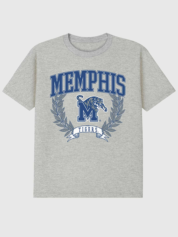 Image 1 of 4, 6oz Heavyweight T-shirt., Relaxed, contemporary fit., Hits at the hip., Crewneck., Short sleeves., Officially licensed University of Memphis Laurels Dark graphic at the front. Trevco partners with Gap on DTC licensed merch from the coolest brands, TV shows, and movies. Trusted by more than 1, 200 brands worldwide and 600+ American colleges & universities, Trevco is a premier provider of officially licensed apparel., This item is printed on demand.