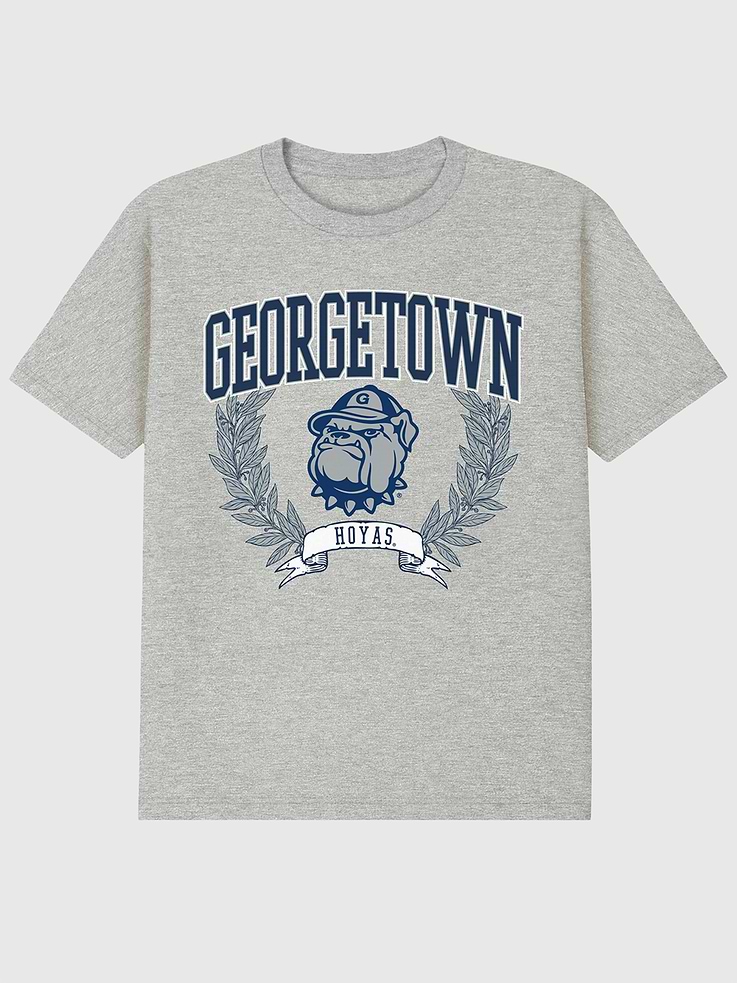 Image 1 of 4, 6oz Heavyweight T-shirt., Relaxed, contemporary fit., Hits at the hip., Crewneck., Short sleeves., Officially licensed Georgetown University Laurels Dark graphic at the front. Trevco partners with Gap on DTC licensed merch from the coolest brands, TV shows, and movies. Trusted by more than 1, 200 brands worldwide and 600+ American colleges & universities, Trevco is a premier provider of officially licensed apparel., This item is printed on demand.