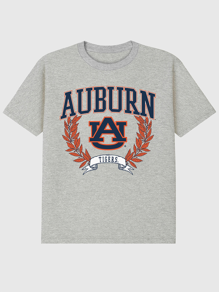 Image 1 of 4, 6oz Heavyweight T-shirt., Relaxed, contemporary fit., Hits at the hip., Crewneck., Short sleeves., Officially licensed Auburn University Laurels Dark graphic at the front. Trevco partners with Gap on DTC licensed merch from the coolest brands, TV shows, and movies. Trusted by more than 1, 200 brands worldwide and 600+ American colleges & universities, Trevco is a premier provider of officially licensed apparel., This item is printed on demand.
