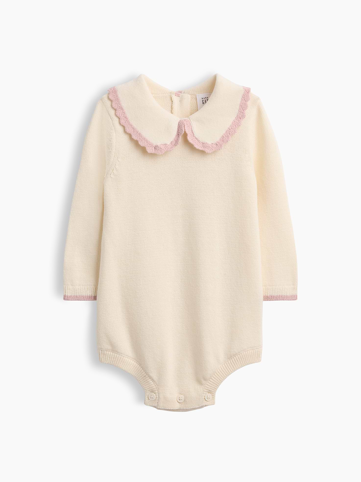 Image 1 of 3, Soft knit cotton sweater bodysuit., Peter Pan collar with scalloped edge., Button closure at back., Long sleeves., Ribbed hem., Snaps at inseam for easy dressing and diapering., Explore our babyGap Guide ., Product #1184751