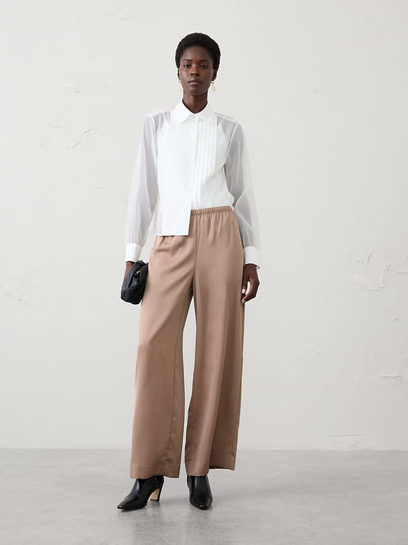 Wide-Leg High-Rise Pull-On Satin Pant