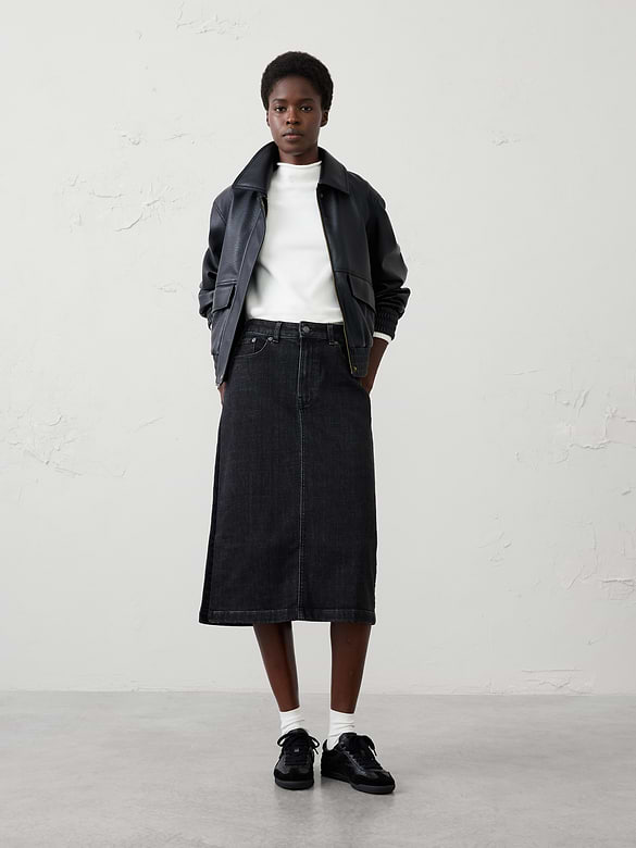 Denim Velvet-Trim Midi Skirt