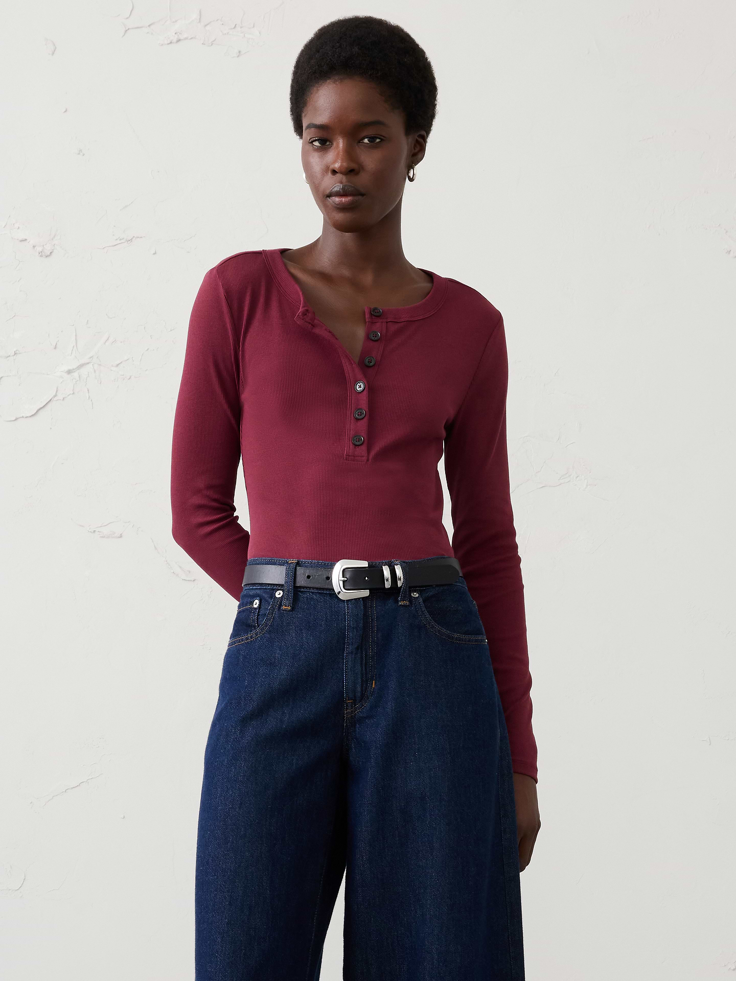 Image 1 of 8, Henley neckline. Long sleeves., Fitted at the waist., Straight hem., Made exclusively for Banana Republic Factory., Product #1178100