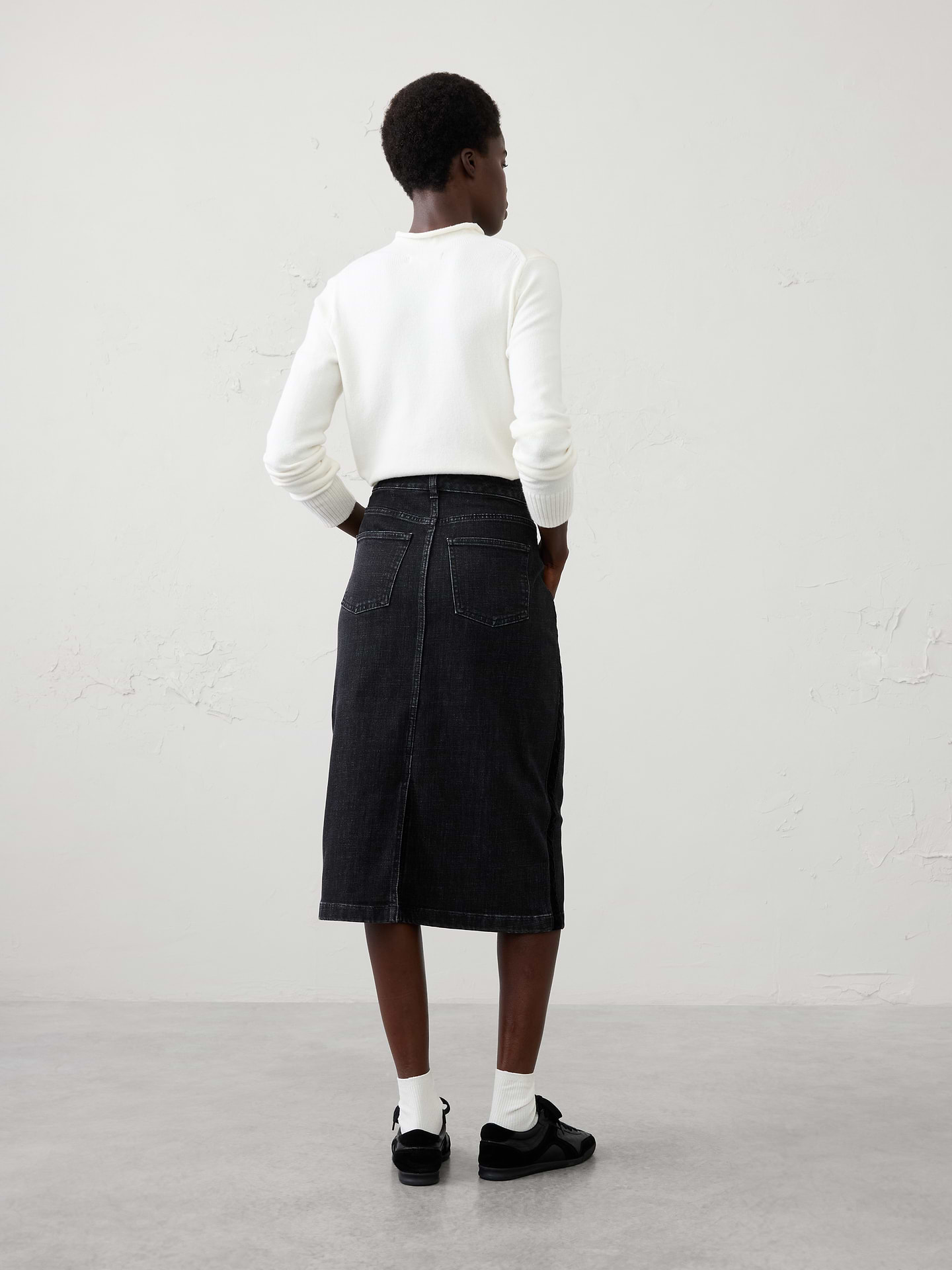 Image 2 of 4, Denim Velvet-Trim Midi Skirt