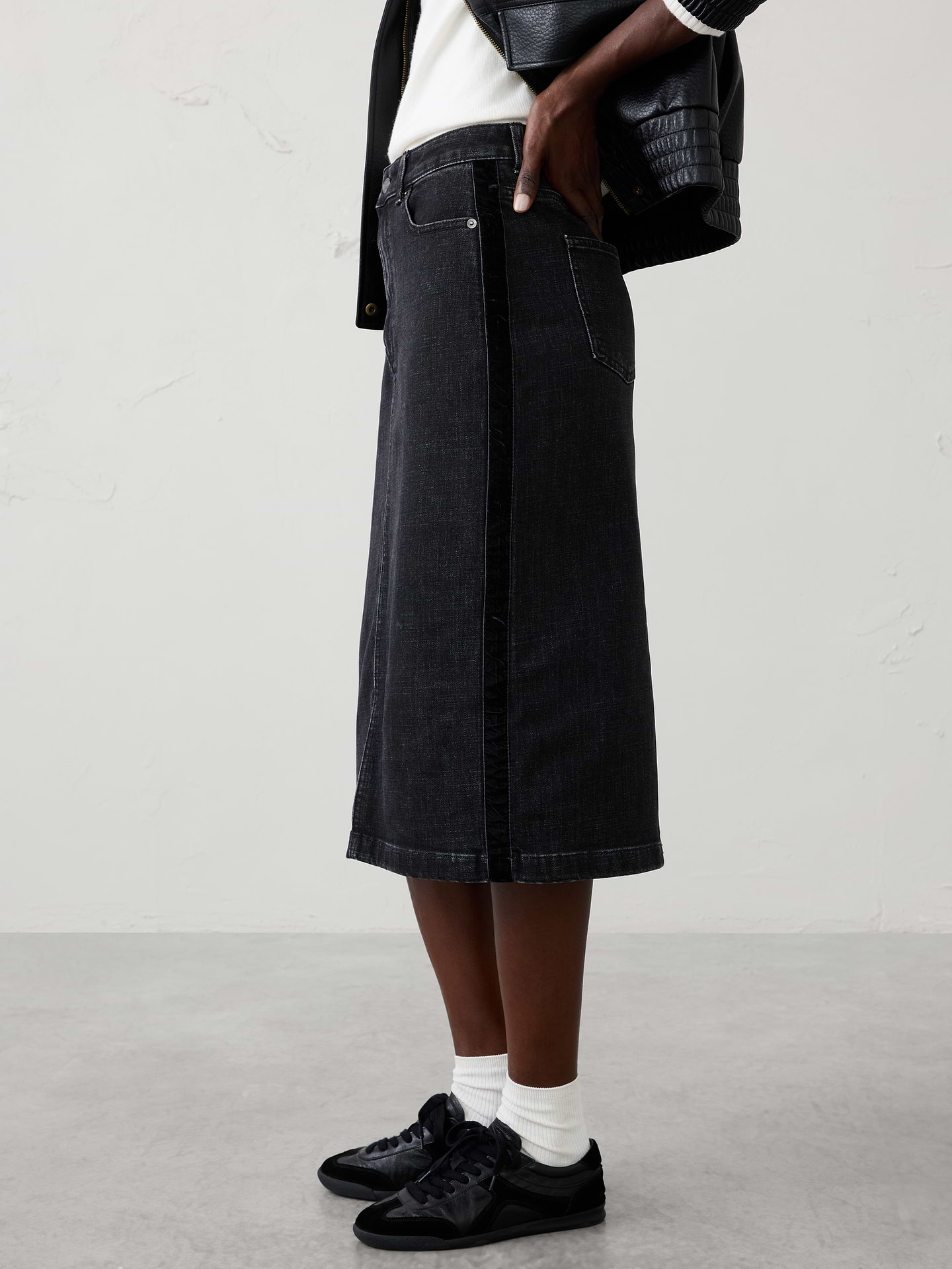 Image 3 of 4, Denim Velvet-Trim Midi Skirt