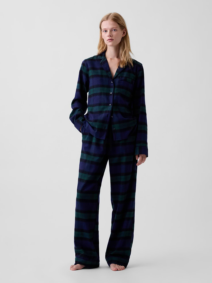 Image 1 of 3, Our softest flannel ever. Double washed for extra softness. Fully relaxed for easy comfort. Universally perfect for absolutely everyone., Supersoft cotton flannel pajama shirt and pants PJ set. In an relaxed fit., Notch collar., Long sleeves., Button front., Chest patch pocket., Elasticized waist with drawcords., Side slant pockets., Allover print., This product was made in a factory that invests in gender equity and women’s empowerment through RISE. Learn more at gapinc.com/equity ., Product #1186866