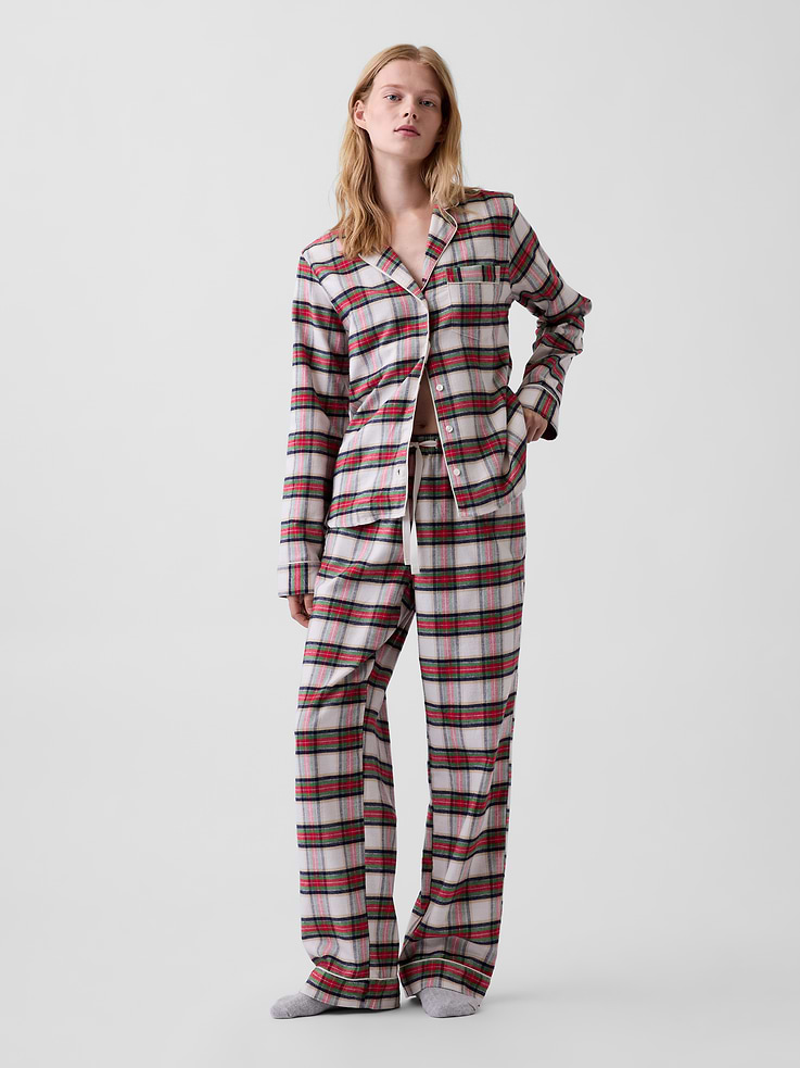 Image 1 of 5, Our softest flannel ever. Double washed for extra softness. Fully relaxed for easy comfort. Universally perfect for absolutely everyone., Supersoft cotton flannel pajama shirt and pants PJ set. In an relaxed fit., Notch collar., Long sleeves., Button front., Chest patch pocket., Elasticized waist with drawcords., Side slant pockets., Allover print., This product was made in a factory that invests in gender equity and women’s empowerment through RISE. Learn more at gapinc.com/equity ., Product #1186866