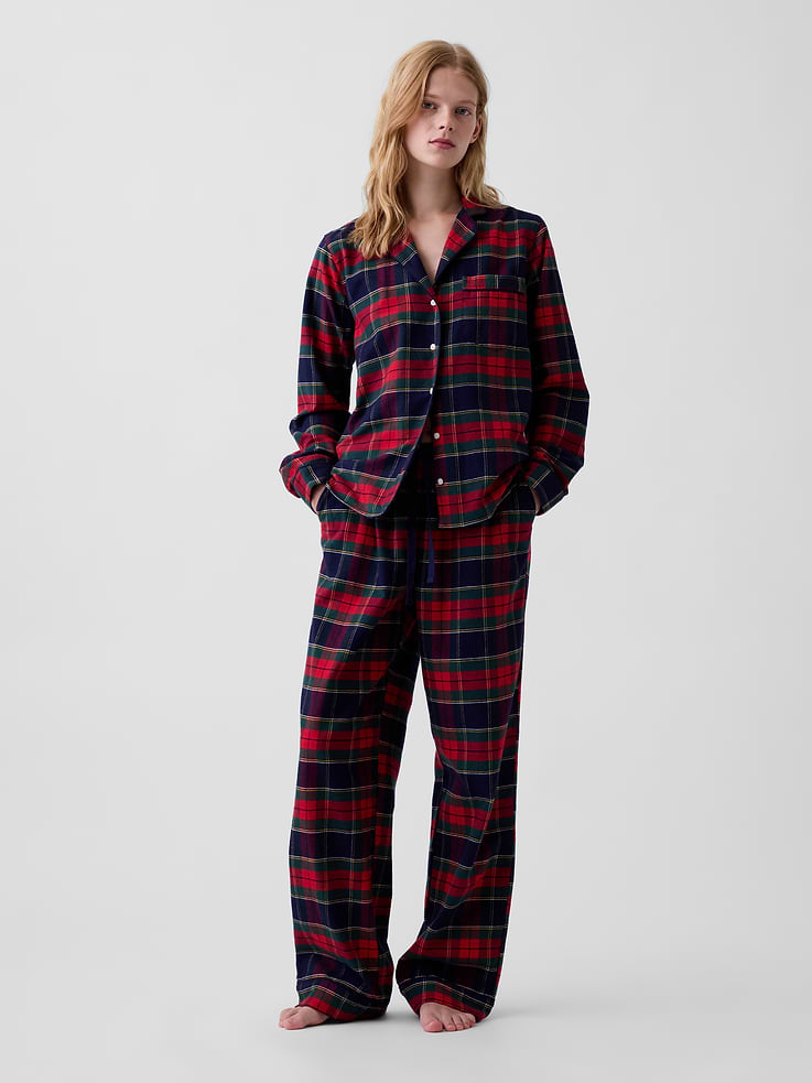Image 1 of 3, Our softest flannel ever. Double washed for extra softness. Fully relaxed for easy comfort. Universally perfect for absolutely everyone., Supersoft cotton flannel pajama shirt and pants PJ set. In an relaxed fit., Notch collar., Long sleeves., Button front., Chest patch pocket., Elasticized waist with drawcords., Side slant pockets., Allover print., This product was made in a factory that invests in gender equity and women’s empowerment through RISE. Learn more at gapinc.com/equity ., Product #1186866
