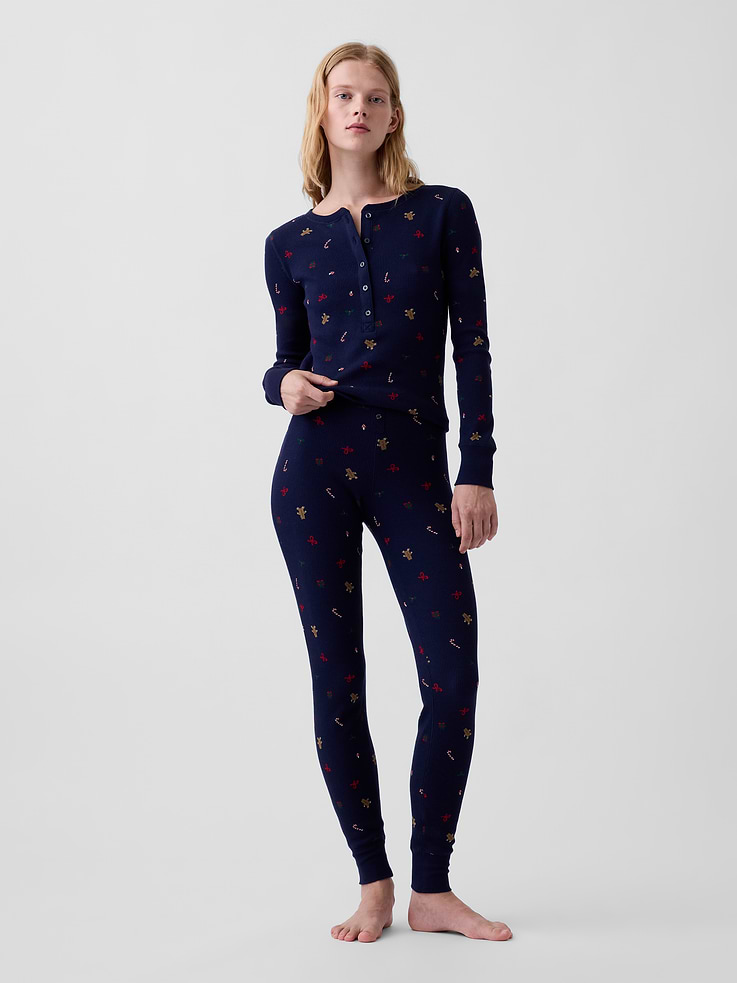 Image 1 of 4, Soft, stretch waffle-knit pajama leggings., Elasticized waist with faux button fly., Banded rib cuffs., This product was made in a factory that invests in gender equity and women’s empowerment through RISE. Learn more at gapinc.com/equity ., Product #1186865