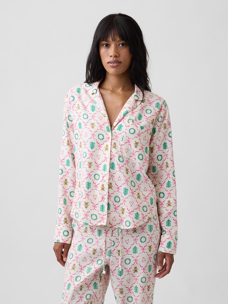 Image 1 of 4, Smooth flannel sleep shirt., Long sleeves with button cuffs., Lapel collar, button front., Patch pocket at chest., Curved shirttail hem., Select styles have allover print or stripes., Shop matching PJs for all., This product was made in a factory that invests in gender equity and women’s empowerment through RISE. Learn more at, Product #1178605