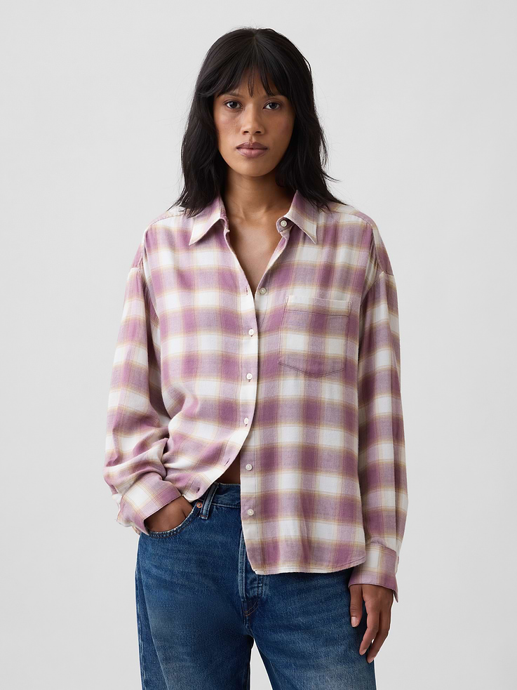 Image 1 of 5, Smooth flannel weave., Dropped shoulder, long sleeves with button cuffs., Spread collar, button front., Patch pocket at chest., Curved shirttail hem is slightly longer at back., Select styles have allover plaid., This product was made in a factory that invests in gender equity and women’s empowerment through RISE. Learn more at, Product #1178556