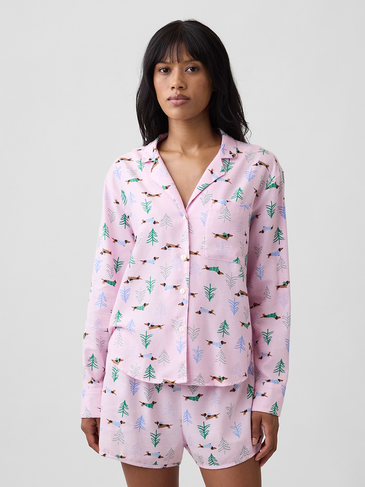 Image 1 of 4, Smooth flannel sleep shirt., Long sleeves with button cuffs., Lapel collar, button front., Patch pocket at chest., Curved shirttail hem., Select styles have allover print or stripes., Shop matching PJs for all., This product was made in a factory that invests in gender equity and women’s empowerment through RISE. Learn more at, Product #1178605
