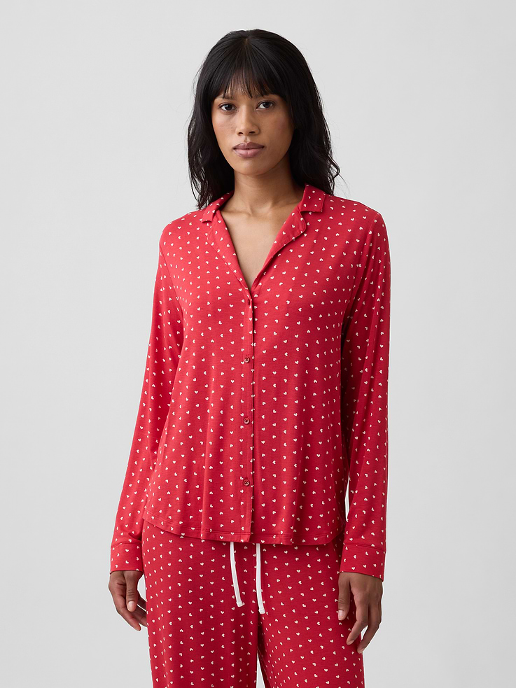 Image 1 of 4, Soft modal sleep shirt., Dropped shoulder, long sleeves with banded cuffs., Lapel collar, button front., Patch pocket at chest., Select styles have allover print or piping., This product was made in a factory that invests in gender equity and women’s empowerment through RISE. Learn more at, Product #1182056