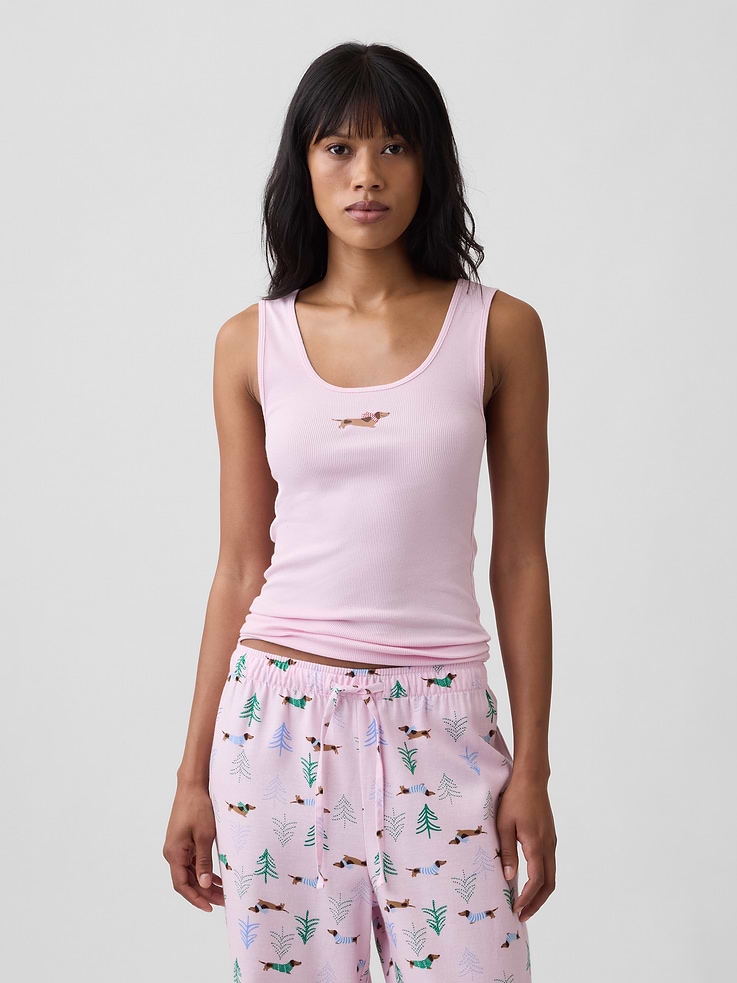 Image 1 of 5, Soft ribbed sleep tank., Tank straps., Scoopneck., Select styles have graphic at front., This product was made in a factory that invests in gender equity and women’s empowerment through RISE. Learn more at, Product #1187663