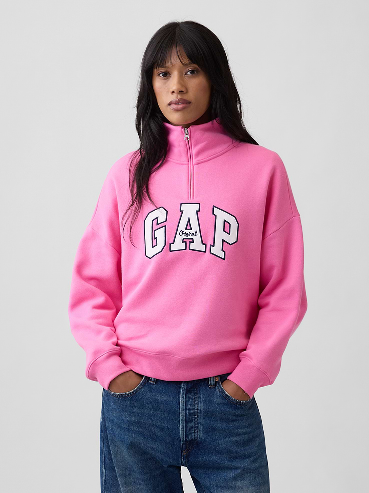 Image 1 of 5, This product is made with/contains 23% recycled polyester. Compared to virgin materials, using recycled materials helps reduce resource use and waste., Soft, comfy fleece., Dropped shoulder, long sleeves with banded cuffs., Mockneck, half-zip front., Gap logo at front., Banded hem., Product #1195242