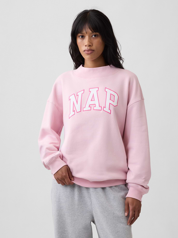 Image 1 of 5, This product is made with/contains 23% recycled polyester. Compared to virgin materials, using recycled materials helps reduce resource use and waste., Soft, comfy fleece., Dropped shoulder, long sleeves with banded cuffs., Mockneck., Nap graphic at front., Banded hem., Product #1199690