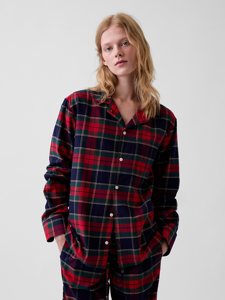 Image 1 of 6, Our softest flannel ever. Double washed for extra softness. Fully relaxed for easy comfort. Universally perfect for absolutely everyone., Supersoft cotton flannel pajama sleep shirt. In an oversized fit., Notch collar., Long sleeves., Button front., Chest patch pocket., Allover plaid., Shop matching PJs for all., Product #913353