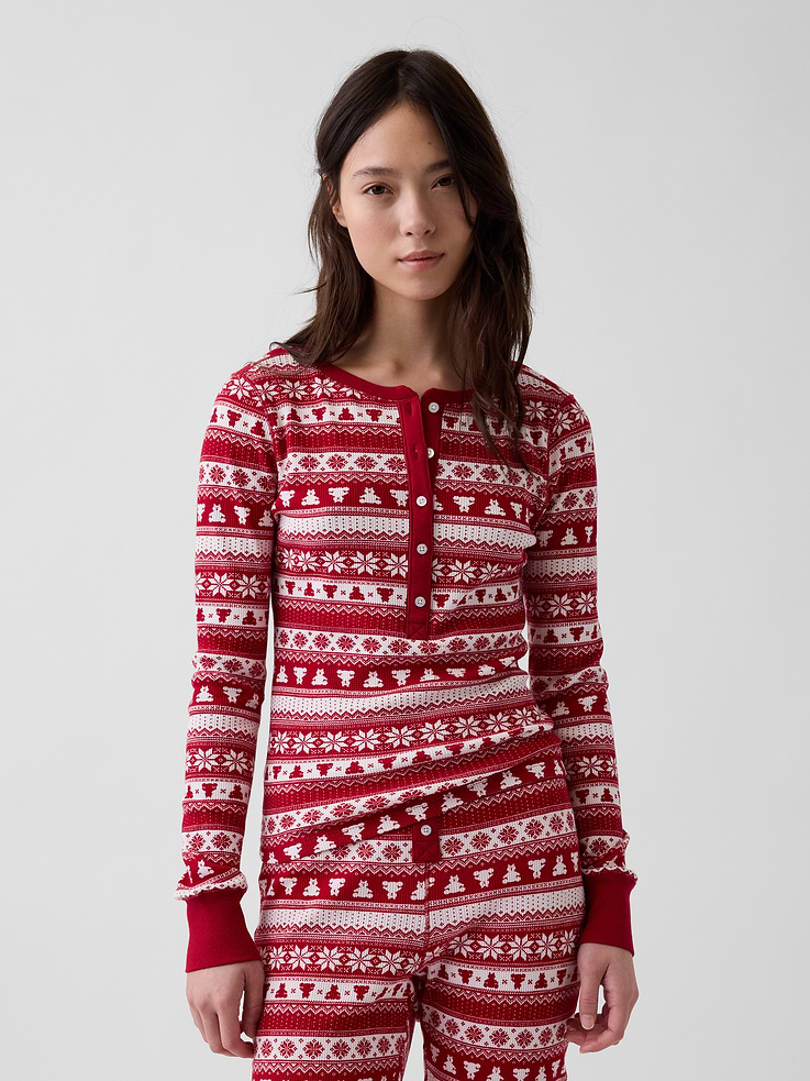 Image 1 of 3, Soft waffle-knit Henley pajama top., Crewneck with front button placket., Long sleeves with banded cuffs., This product was made in a factory that invests in gender equity and women’s empowerment through RISE. Learn more at gapinc.com/equity ., Product #1186857