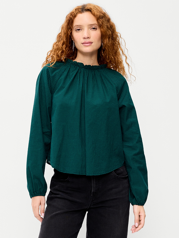 Long-Sleeve Ruffle-Neck A-Line Top