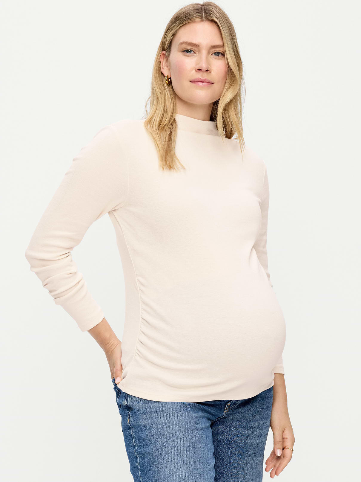Image 1 of 2, mock neck, long sleeves, shirred sides for a flexible fit, Product #1187947