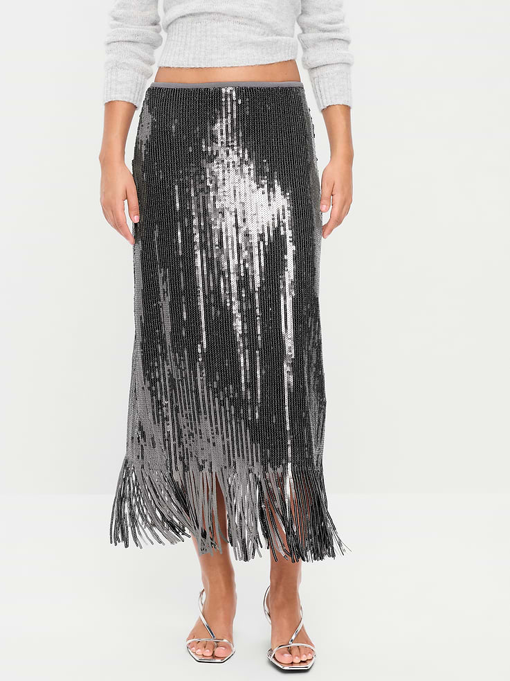 Image 2 of 6, Sequin Fringe-Hem Midi Skirt