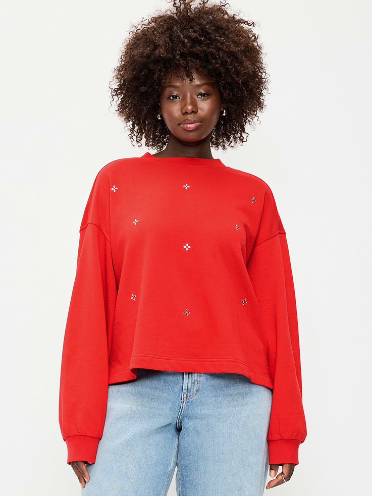 Image 2 of 7, Fleece Crew-Neck Embellished Top