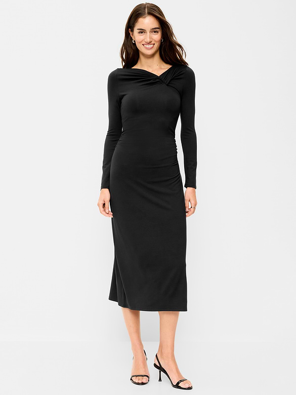 Long-Sleeve Twist-Front Ruched Midi Dress