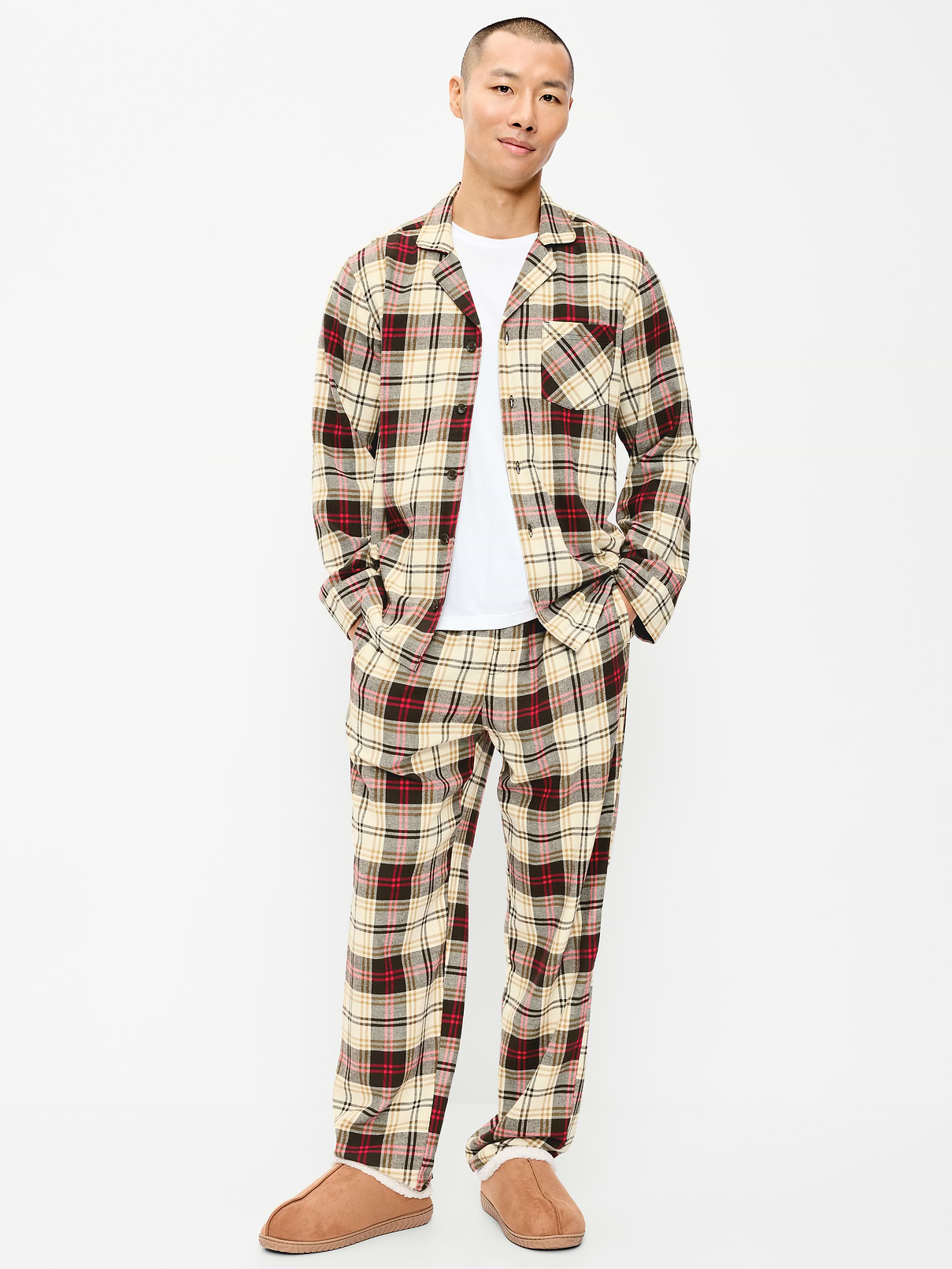 Image 1 of 3, set includes pajama shirt and matching pants, spread collar, long sleeves, button front, patch front chest pocket, elastic drawstring waist pajama pants, on-seam pockets, prints match back to the fam, Product #905006