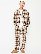 Image 1 of 3, set includes pajama shirt and matching pants, spread collar, long sleeves, button front, patch front chest pocket, elastic drawstring waist pajama pants, on-seam pockets, prints match back to the fam, Product #905006