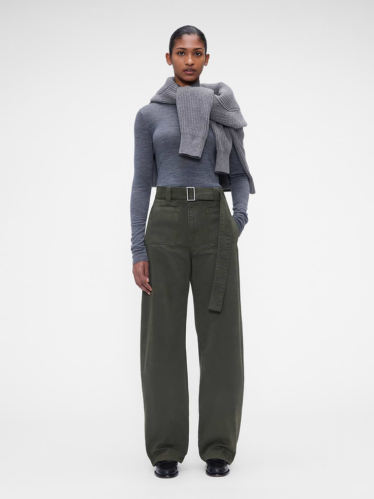 Image 1 of 10, Soft cotton twill utility pants. In a relaxed fit., Zipper closure, belted waist., Four-pocket styling., Snap-button tabs at hem for a tapered fit., Longer inseam. Designed to stack with flats or hit below the ankle in heels., Product #1183569