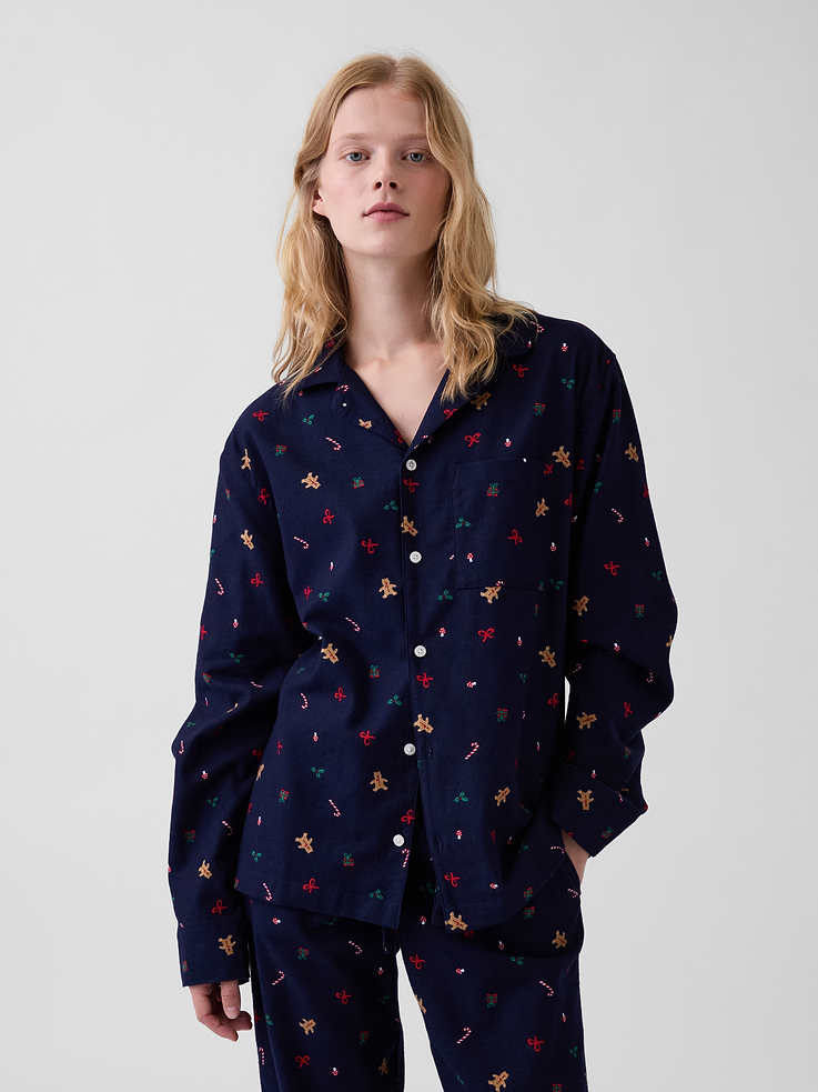 Image 1 of 8, Our softest flannel ever. Double washed for extra softness. Fully relaxed for easy comfort. Universally perfect for absolutely everyone., Supersoft cotton flannel pajama sleep shirt. In an oversized fit., Notch collar., Long sleeves., Button front., Chest patch pocket., Allover plaid., Shop matching PJs for all., Product #913353