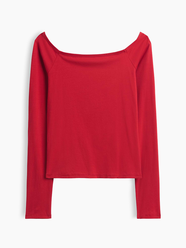 Image 1 of 3, Soft, stretch cotton-blend jersey T-shirt. In a cropped length., Square neck., Long raglan sleeves., This product was made in a factory that invests in gender equity and women’s empowerment through RISE. Learn more at gapinc.com/equity ., Product #1195087