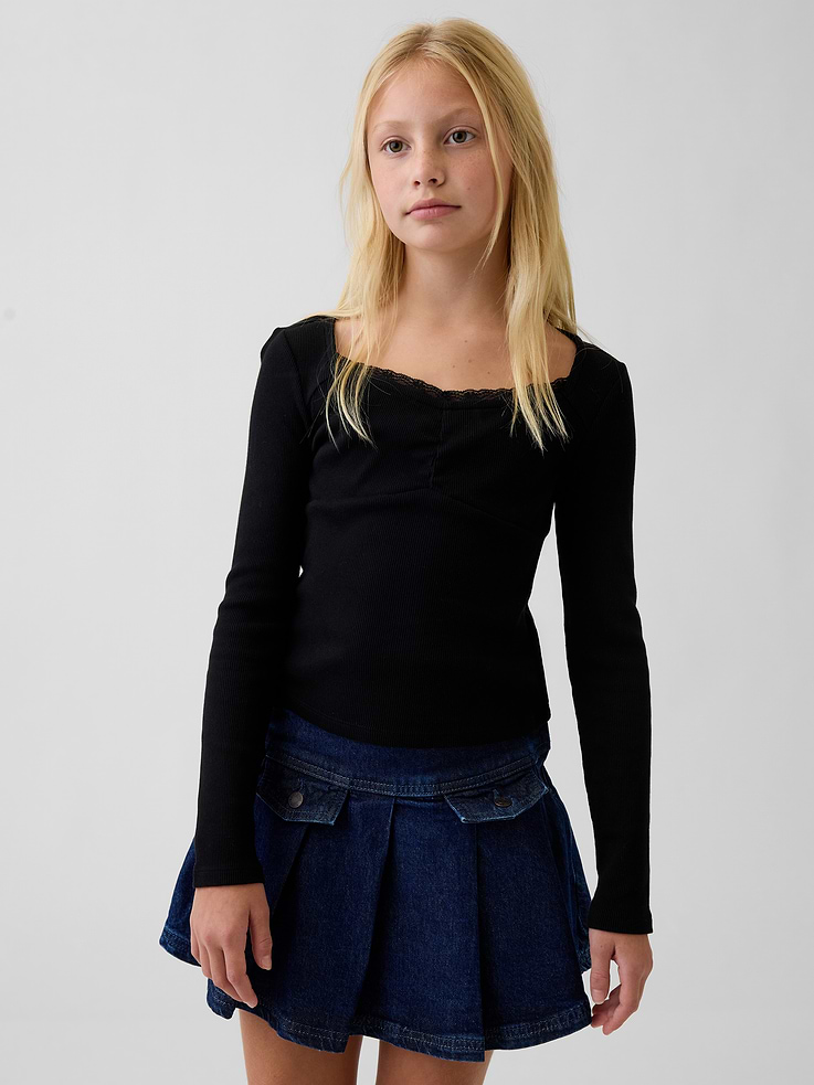 Image 1 of 5, Soft, ribbed cotton T-shirt., Sweetheart neckline with lace trim detail., Long sleeves., Seaming detail at front., This product was made in a factory that invests in gender equity and women’s empowerment through RISE. Learn more at gapinc.com/equity ., Product #1185502