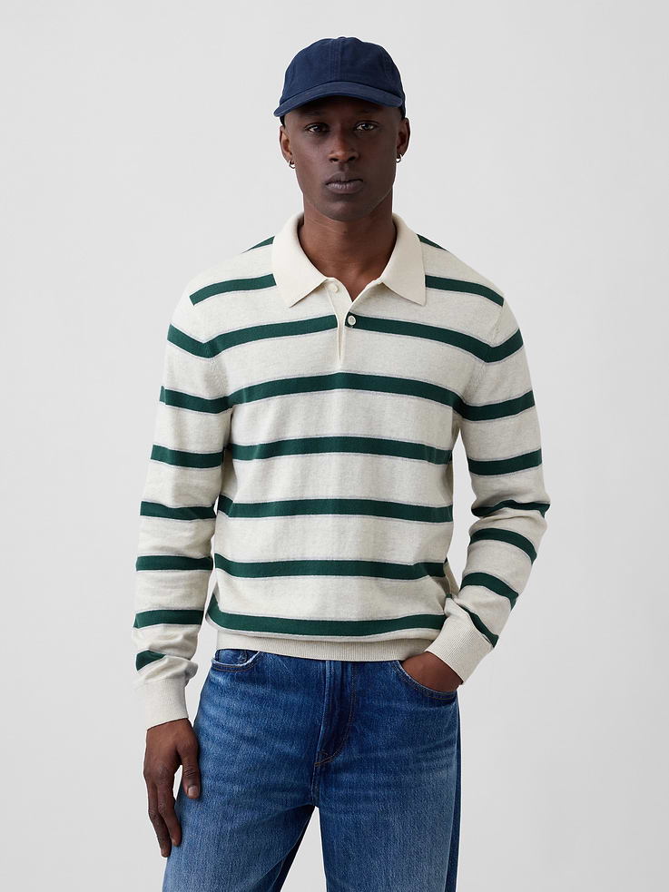 Image 1 of 5, Soft cotton knit., Long sleeves with ribbed cuffs., Spread collar, henley button front., Ribbed hem., Allover stripes., This product was made in a factory that invests in gender equity and women’s empowerment through RISE. Learn more at, Product #1178473