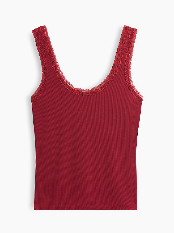 Image 1 of 2, Our slinky-soft, second-skin rib. Made with an ultra-fine texture that hangs just right., Supersoft ribbed modal-blend pajama tank top. In a slightly cropped length., Scoop neck., Tank straps., Floral lace trim at neckline and arm openings., Certain styles have an allover print., Product #909158