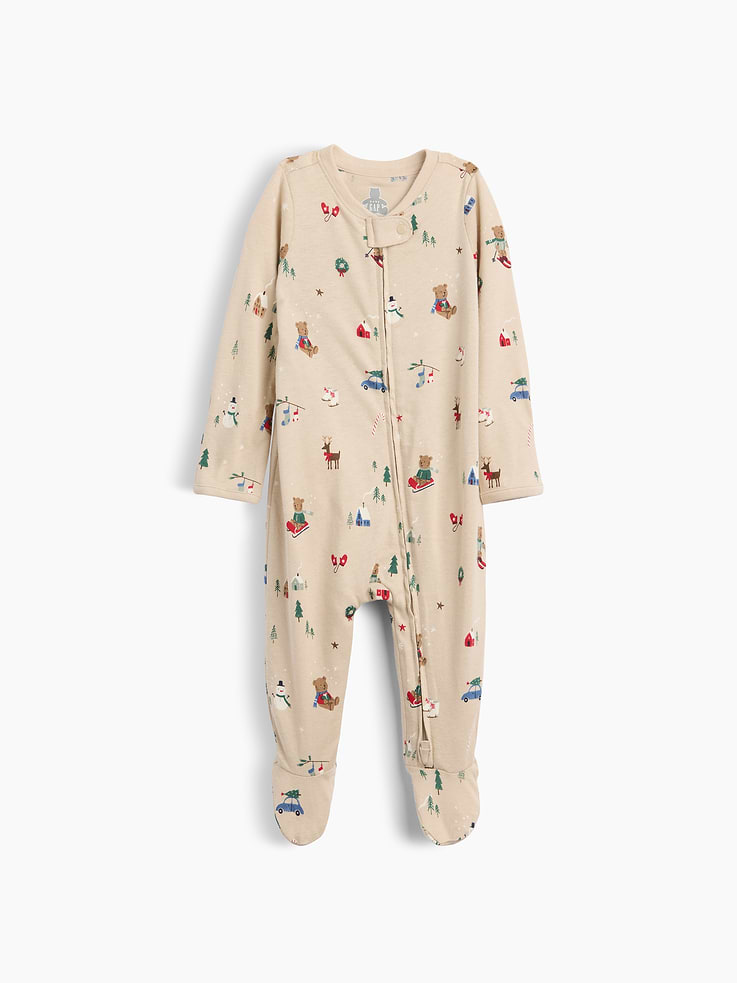 Image 1 of 2, Soft cotton jersey baby footed one-piece., Crewneck with snap tab to protect little chins., Long sleeves with foldover cuffs to prevent scratches., Reversible two-way zipper for easy dressing and diapering., Made with 100% organically grown cotton which is grown without the use of synthetic pesticides and fertilizers., This product was made in a factory that invests in gender equity and women’s empowerment through RISE. Learn more at gapinc.com/equity ., Product #1186053