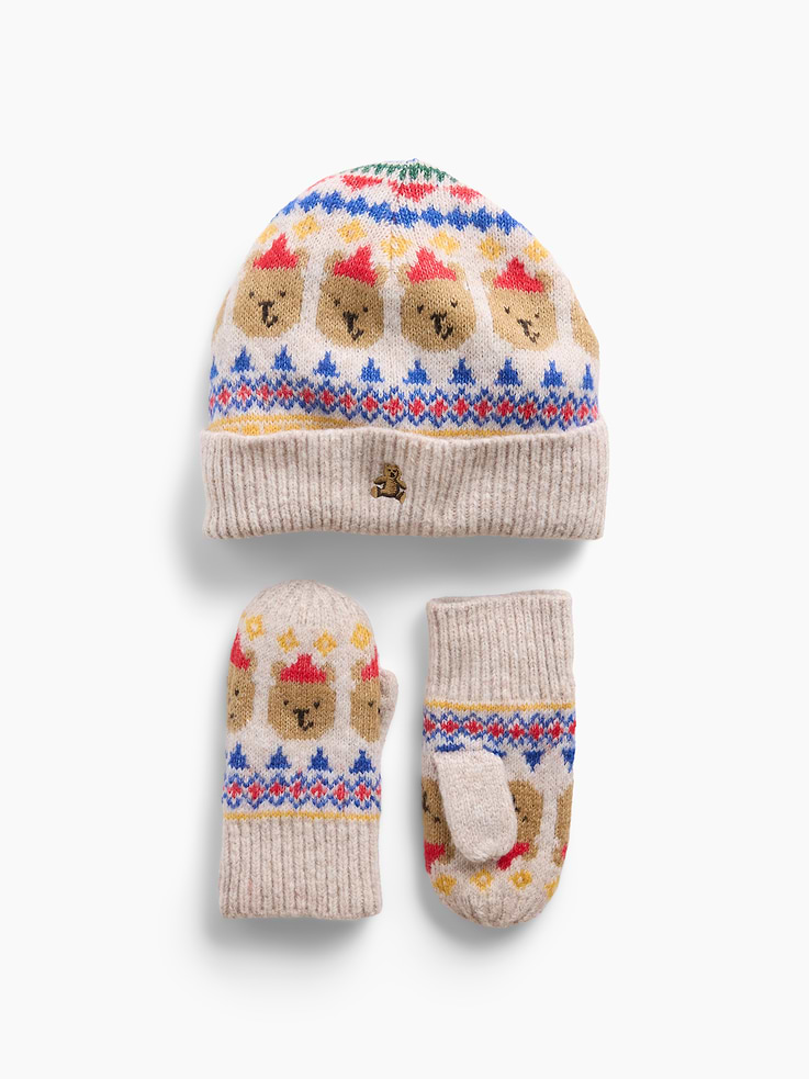 Image 1 of 2, Soft, stretch knit beanie and mittens set., Embroidered Brannan Bear at front., Product #1185859