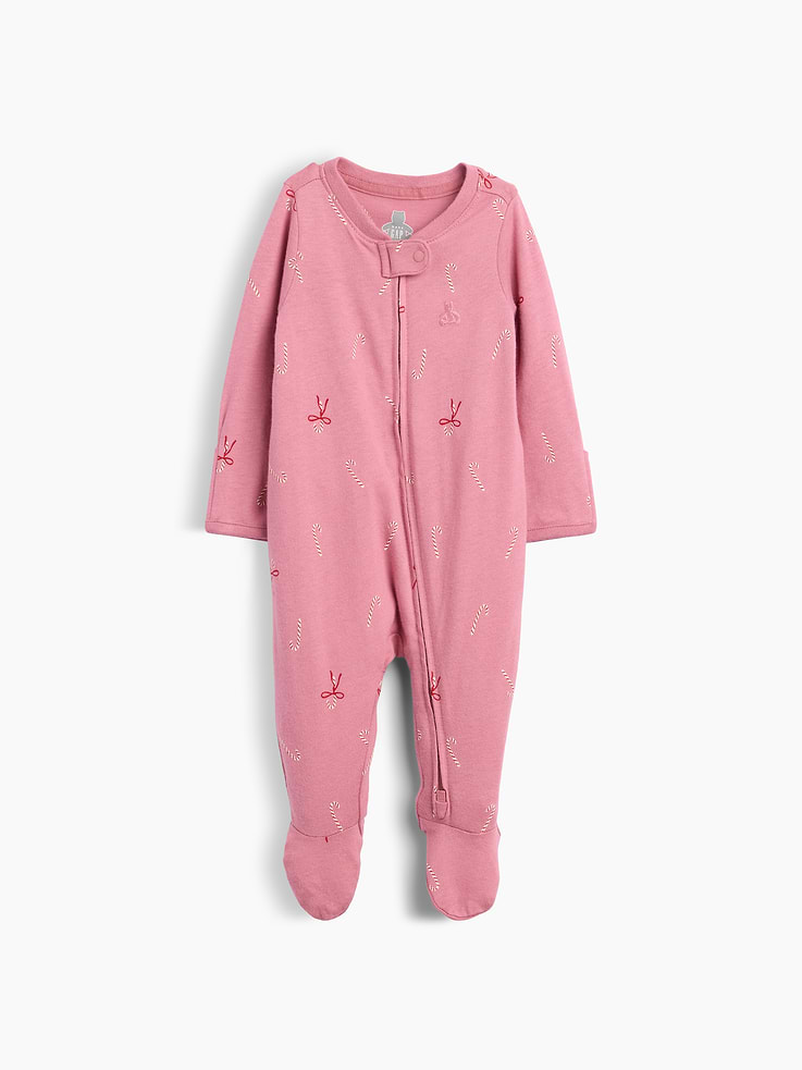 Image 1 of 2, Soft cotton jersey baby footed one-piece., Crewneck with snap tab to protect little chins., Long sleeves with foldover cuffs to prevent scratches., Reversible two-way zipper for easy dressing and diapering., Made with 100% organically grown cotton which is grown without the use of synthetic pesticides and fertilizers., This product was made in a factory that invests in gender equity and women’s empowerment through RISE. Learn more at gapinc.com/equity ., Product #1186053