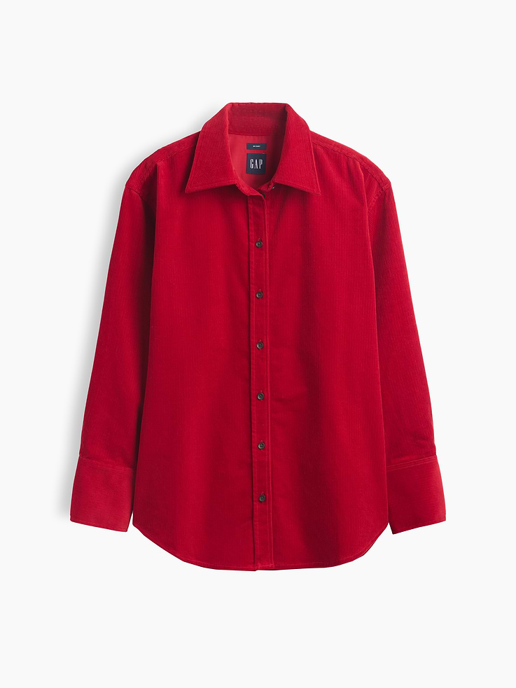 Image 1 of 2, Soft stretch cotton corduroy button-up shirt. In an oversized fit and longer length., Spread collar, button front., Long sleeves with drop shoulders and button cuffs., Back yoke seam., Shirttail hem., Product #913906
