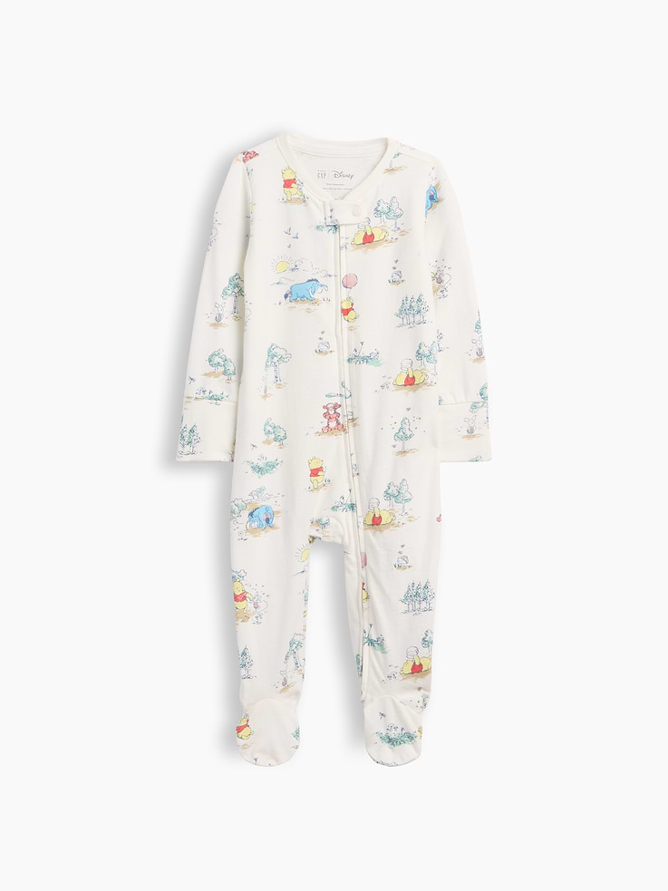 Image 1 of 2, A capsule capturing the magic of the Hundred Acre Wood. Created from heirloom fabrics and made with playful details. Celebrating growing up, together., Soft cotton jersey baby one-piece., Crewneck with snap tab to protect little chins., Long sleeves with foldover cuffs to prevent scratches., Zipper front., Allover Winnie the Pooh toile print., Made with 100% organically grown cotton which is grown without the use of synthetic pesticides and fertilizers., Explore our babyGap Guide ., This product was made in a factory that invests in gender equity and women’s empowerment through RISE. Learn more at gapinc.com/equity ., Product #1193731