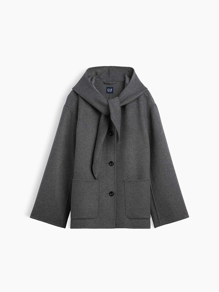 Image 2 of 2, Wool-Blend Hooded Tie-Neck Coat