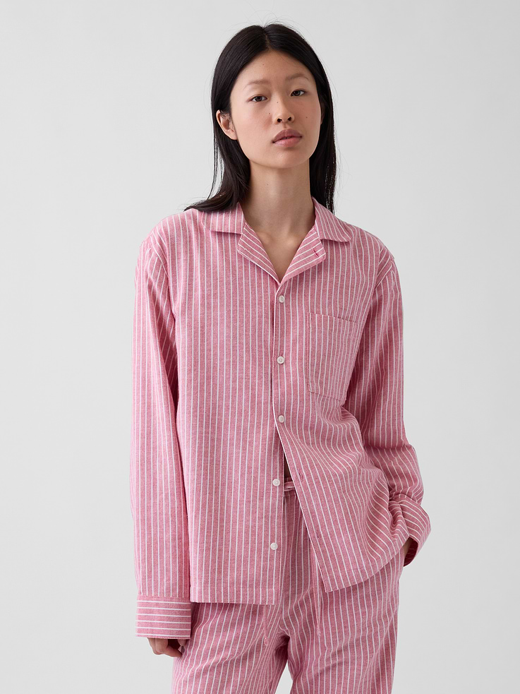 Image 1 of 8, Our softest flannel ever. Double washed for extra softness. Fully relaxed for easy comfort. Universally perfect for absolutely everyone., Supersoft cotton flannel pajama sleep shirt. In an oversized fit., Notch collar., Long sleeves., Button front., Chest patch pocket., Allover plaid., Shop matching PJs for all., Product #913353