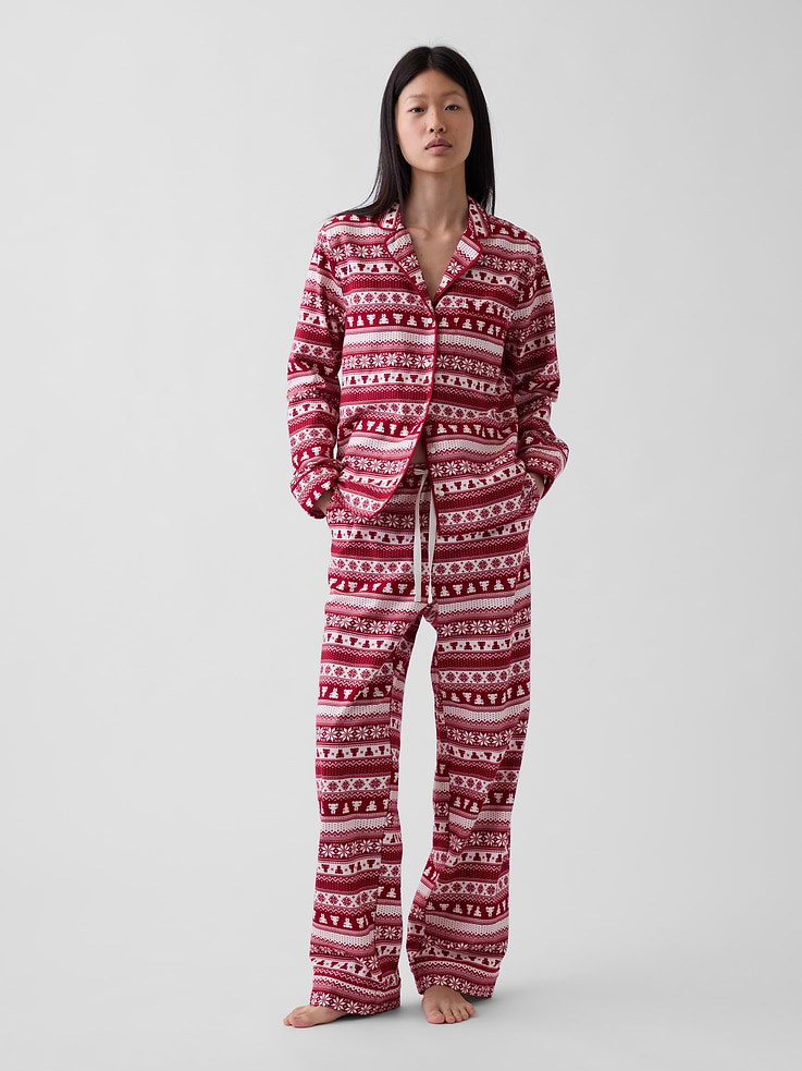 Image 1 of 3, Our softest flannel ever. Double washed for extra softness. Fully relaxed for easy comfort. Universally perfect for absolutely everyone., Supersoft cotton flannel pajama shirt and pants PJ set. In an relaxed fit., Notch collar., Long sleeves., Button front., Chest patch pocket., Elasticized waist with drawcords., Side slant pockets., Allover print., This product was made in a factory that invests in gender equity and women’s empowerment through RISE. Learn more at gapinc.com/equity ., Product #1186866