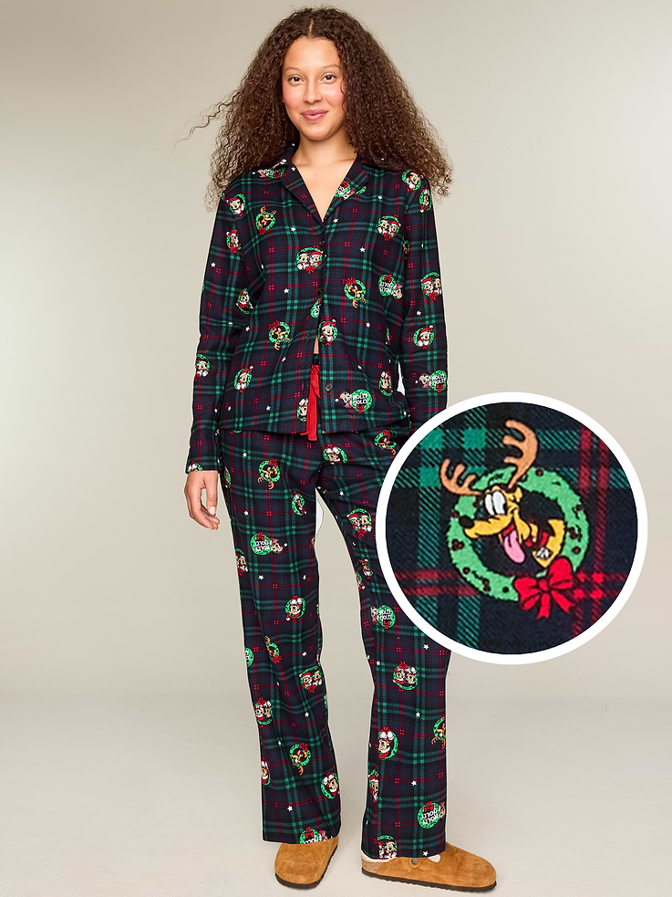 Image 1 of 8, Stay cozy all season long in our matching pajamas!, set includes pajama shirt and matching pants, spread collar, long sleeves, button front, elastic-waist pajama pants, on-seam pockets, licensed graphic, ©Disney, Product #908782
