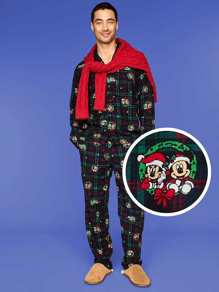 Image 1 of 5, notched collar, long sleeves, pocket at chest, button front, matching pajama pants, elastic-drawstring waistband, on-seam pockets, ©Disney, Product #905026
